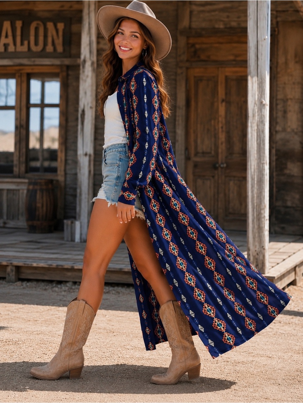 ROCK & ROLL COWGIRL Aztec Print Long Sleeve Duster Size Medium